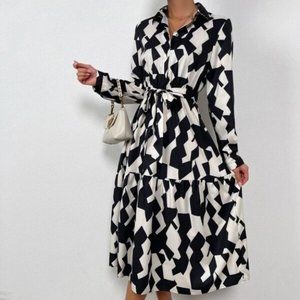 Black & white Geometric Pattern Belted Shirt Dress